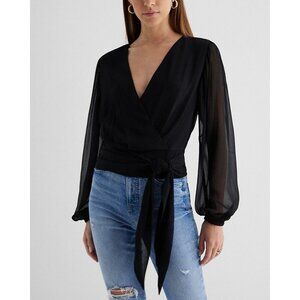Express Women's Tie Waist Top Size XS Black V-Neck Faux Wrap Sheer Sleeve NWT$54